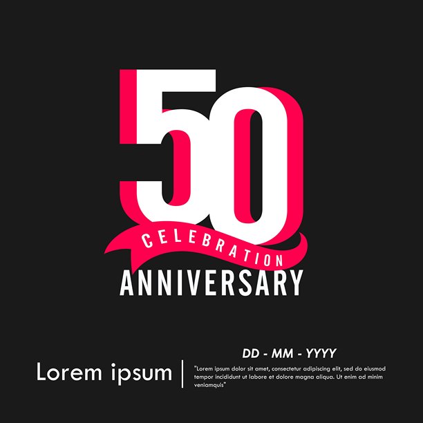 50周年现代纪念庆典徽章，带有红色丝带，孤立在黑色背景上。适用于网络横幅、传单、海报、贺卡的矢量插画模板设计。图片下载