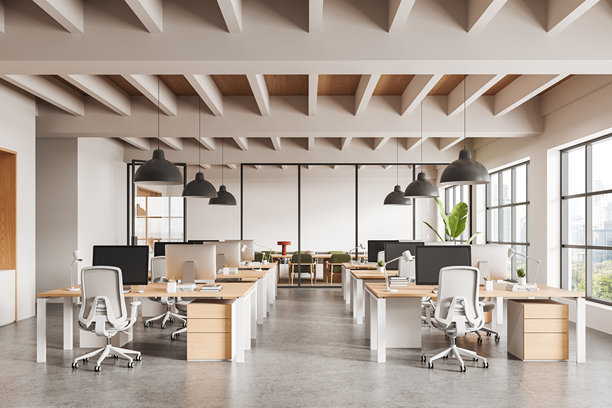现代开放式办公空间，配备人体工程学家具、木制办公桌和落地窗，增强自然采光和专业设计氛围。三维渲染图片下载