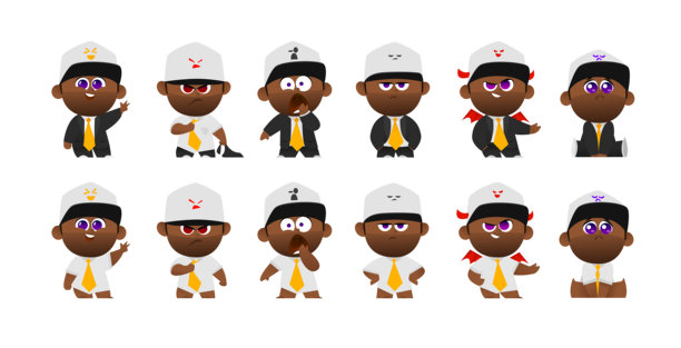 可爱的卡通非洲商人形象，拥有六种表情，全身姿势。有穿着西装和内裤的时尚男性版本。非常适合动画、网页和创意插画项目。图片下载