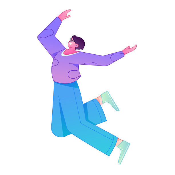 矢量渐变插画，描绘了一个正在飞行和悬停的人物。图片下载