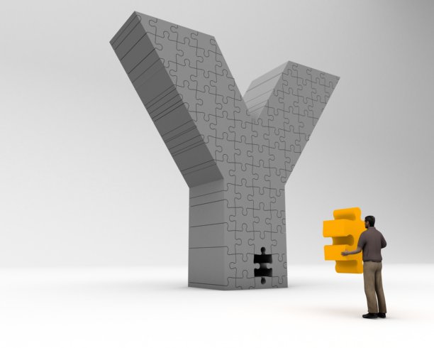 3D插画：字母Y拼图，一人手持缺失的拼图块图片下载