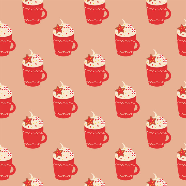 无缝图案。红色的圣诞杯，配有鲜奶油、棒棒糖和糖珠，以及姜饼星星饼干。矢量扁平化插画。图片下载