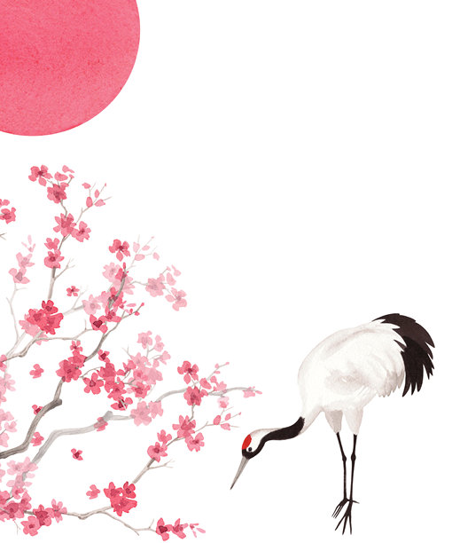 背景为樱花和太阳，日本丹顶鹤在空中飞翔。水彩手工插画。适用于面料、壁纸、贺卡、设计、装饰和插画。图片下载