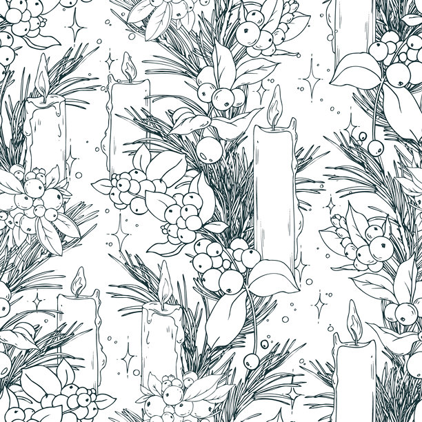 松枝、雪莓和闪烁蜡烛的无缝图案。这幅图形线条艺术插画采用黑白手绘钢笔和墨水绘制。圣诞节、冬季和新年印花。图片下载