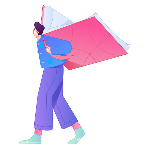 矢量扁平渐变插画，描绘一个正在读书的角色。图片下载