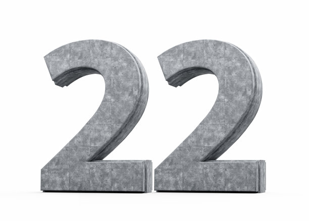 白色背景上由灰色混凝土石块制成的数字二十二 22 3D插画图片下载
