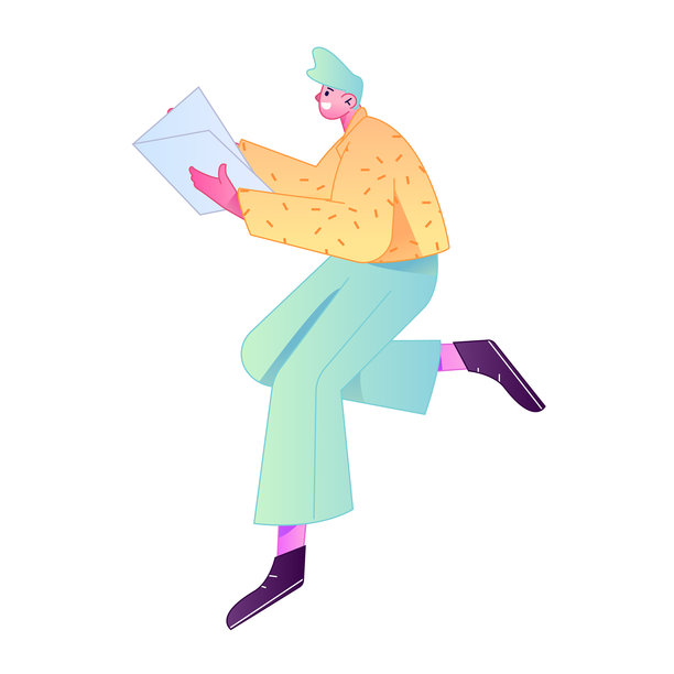 矢量渐变插画，描绘了一个正在读书的角色。图片下载