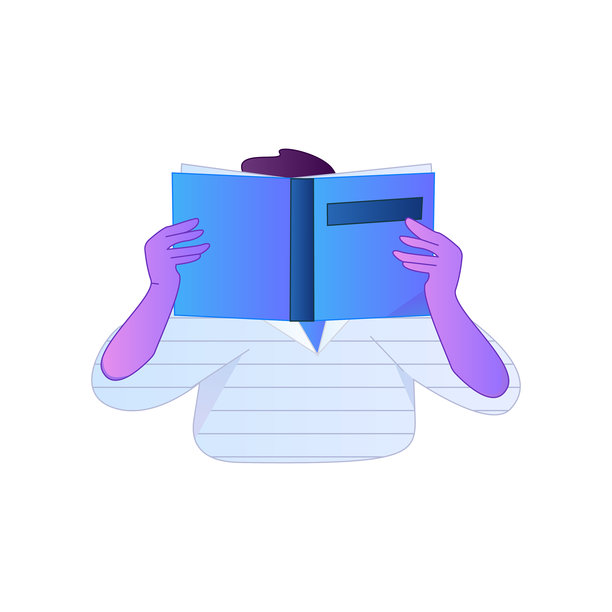 矢量扁平渐变插画，描绘了一个阅读书籍的角色。图片下载