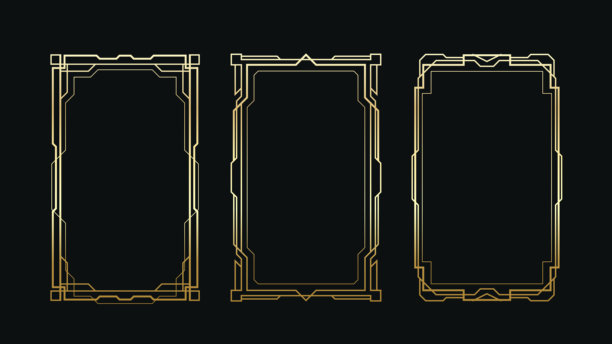 优雅的装饰艺术风格边框插画集，带有几何金色线条边框，背景为深色，适用于高端品牌项目、海报模板、包装设计、演示布局、网页图形和创意商业用途图片下载