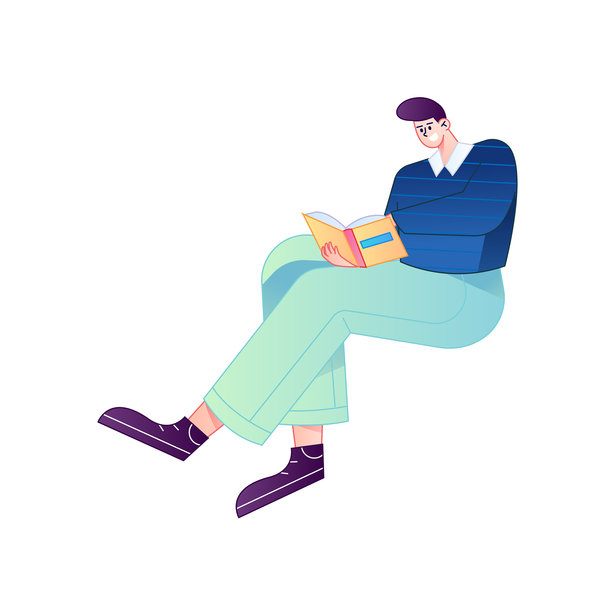 矢量渐变插画，描绘了一个正在阅读书籍的角色。图片下载