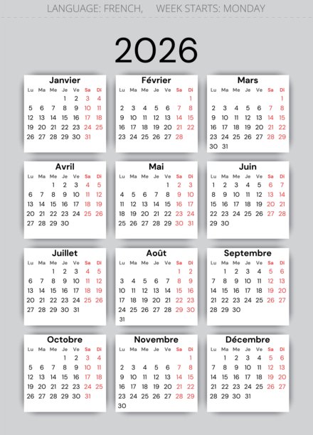 2026 法国现代年度日历。法国插画，包含一年12个月图片下载