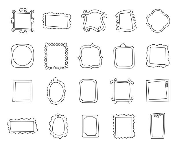 极简边框涂鸦套装插画，包含轮廓边框、抽象手工形状、装饰性素描元素和简单的艺术轮廓设计，适用于各种项目图片下载