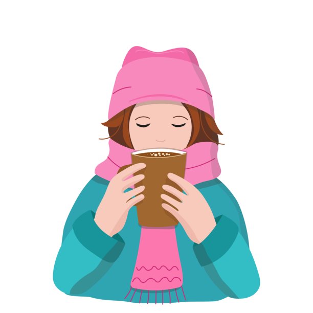 戴着围巾和帽子的女孩拿着咖啡杯。可可、热红酒、茶或咖啡。寒冷季节里的暖饮。冬季服装，扁平化插画。图片下载