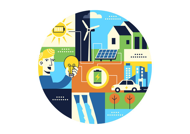 清洁能源创新矢量插画，展示由可再生能源和水力发电技术驱动的现代可持续设计图片下载