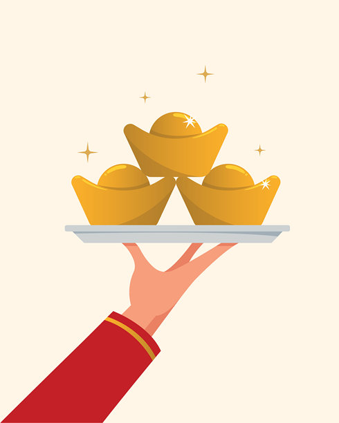 手持托盘和金币的矢量插画。亚洲文化中的幸运与财富概念。图片下载