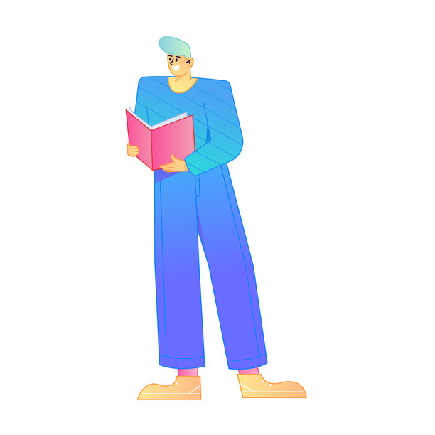 矢量渐变扁平化插画，描绘了一个正在读书的角色。图片下载