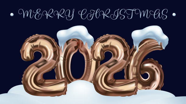 圣诞快乐，新年贺词贺卡。节日横幅设计，带有金色的充气气球数字，配有雪冠和雪景边框。节日海报，带有3D渲染效果。矢量插画。图片下载