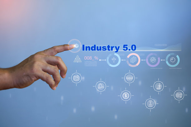 工业5.0概念插画，以人工智能、自动化和智能技术图标代表数字化转型。图片下载