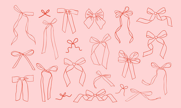 一套涂鸦手绘的时尚科凯特蝴蝶结和丝带。异想天开的极简复古矢量插画，适用于节日海报、贺卡、婚礼请柬、品牌设计。图片下载