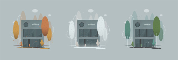 三栋办公楼的矢量插画，分别展示了秋季、冬季和夏季。极简主义的商业建筑概念，象征着变化、时间和氛围。图片下载