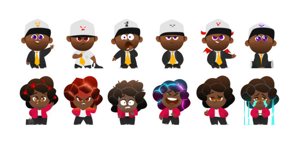 具有非洲裔特征的商务婴儿卡通形象，展示六种情感，适用于动画和品牌设计。身着正装的公司卡通儿童，表达情感和个性。图片下载