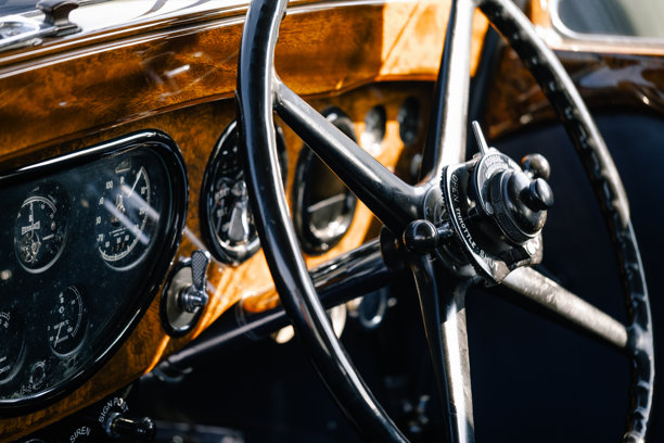 一辆带有木质仪表板和经典方向盘的复古汽车内饰图片下载