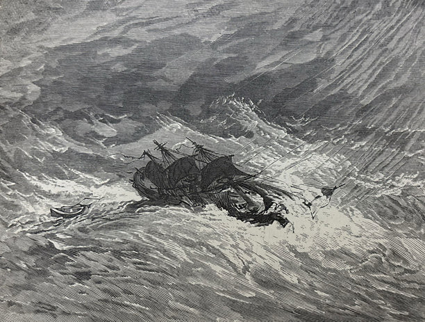 复古插画 - 帆船在巨浪风暴中遇险图片下载
