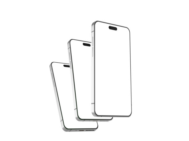 逼真的智能手机模型。三部带有空白白屏幕的倾斜手机样本，孤立在白色背景上。设备正面视图。三维图像图片下载