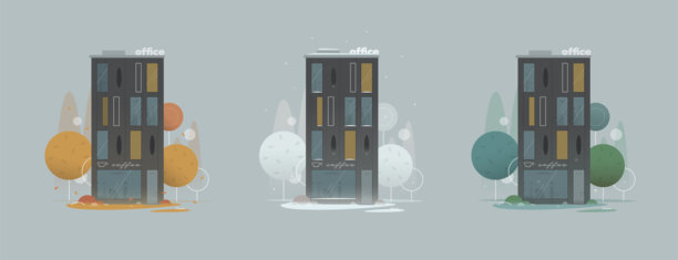 三栋办公楼的矢量插画，分别展示了秋季、冬季和夏季。极简主义的商业建筑概念，象征着变化、时间和氛围。图片下载