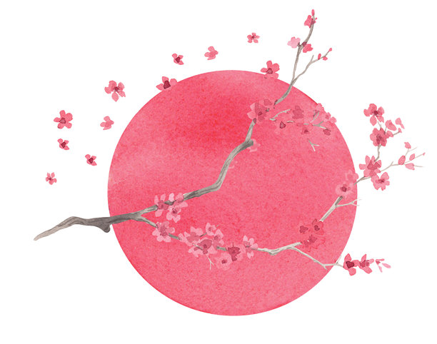 背景有阳光的樱花。手工水彩插画。适用于面料、壁纸、贺卡、设计、装饰和插画。图片下载