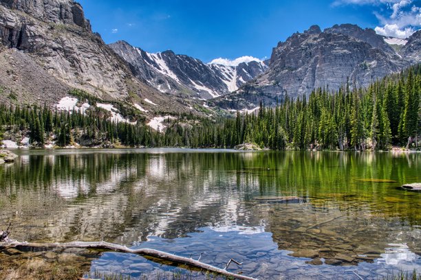 科罗拉多落基山脉冰川峡谷步道上的洛克湖。国家公园内埃斯特斯公园上方非常美丽的湖泊。高质量照片图片下载