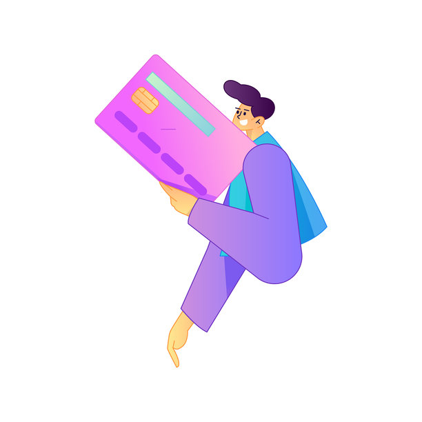 矢量扁平渐变插画，描绘了一个人物持信用卡进行金融支付的场景。图片下载