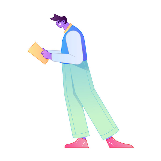 矢量渐变扁平插画，描绘了一个正在读书的角色。图片下载