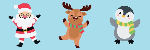 可爱的圣诞角色，包括圣诞老人、驯鹿和企鹅。背景孤立。矢量插画。图片下载