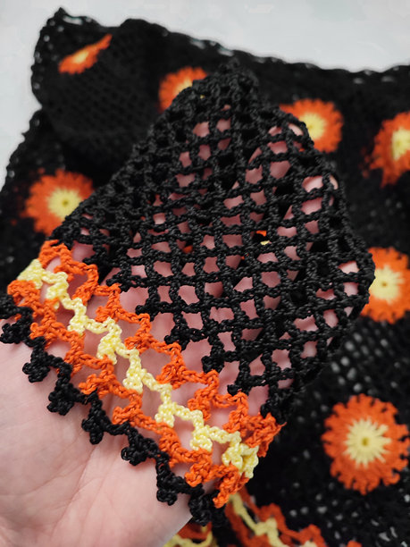 灰色背景下黑色镂空钩针奶奶方块花朵毛衣纹理特写。橙黄色钩针花卉图案，爱好。手工编织毛衣，复古风格，编织创意，服装护理。图片下载