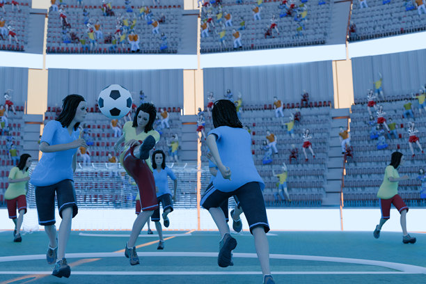 日落时分女子足球赛的精彩瞬间，观众欢呼，3D渲染，一名女子正在踢足球图片下载