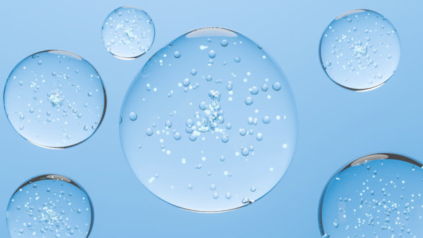 透明化妆品凝胶精华，含3D分子、泡泡霜、凝胶、保湿霜、化妆品、液体凝胶滴、透明质酸，特写液体油，天然有机化妆品，护肤，美容动画图片下载