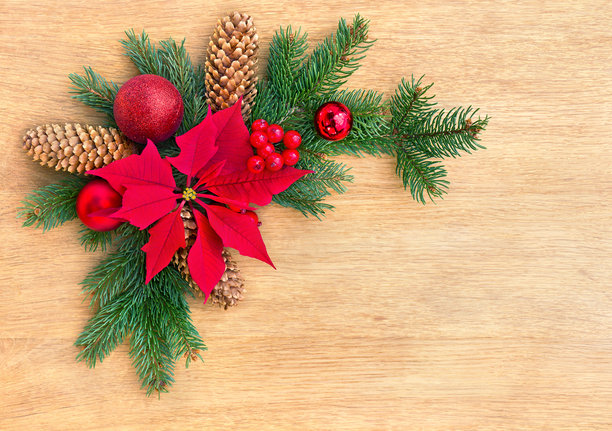 圣诞装饰。红色一品红花卉、圣诞树枝、圣诞彩球、红色浆果和云杉球果的框架，背景为木质，留有文字空间。俯视，平铺。图片下载