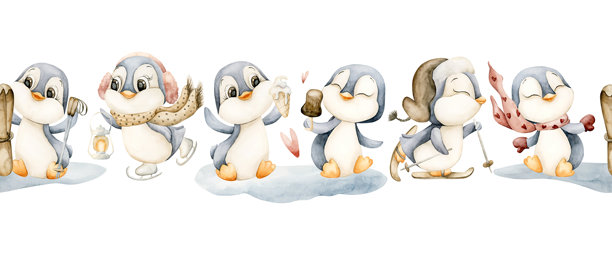 可爱的企鹅冬季趣味运动无缝边框。水彩手绘插画，孤立在白色背景上的横幅。图片下载