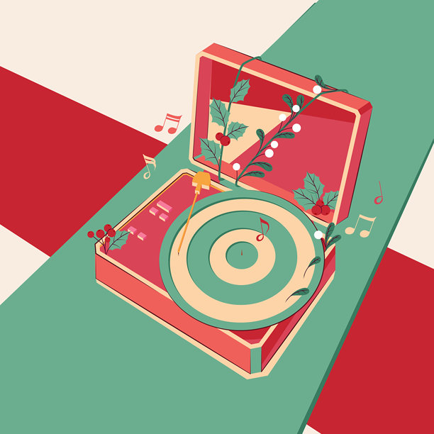 复古唱片机的矢量插画，装饰有冬青树枝和音符。圣诞主题，采用红绿色调。图片下载
