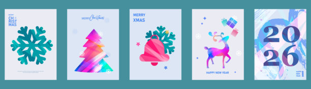 一套明亮的圣诞卡片。笔触、鲜艳的渐变和圣诞装饰。时尚、简约、充满活力的设计。矢量插画。图片下载