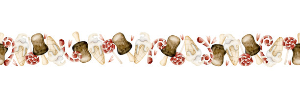 可爱的冰淇淋拐杖糖甜点无缝边框。水彩手绘插画，孤立在白色背景上的横幅。图片下载