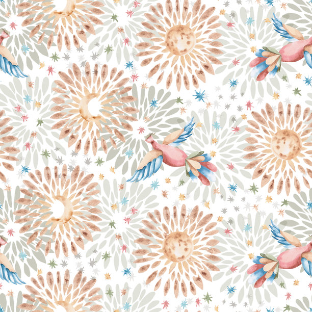 白色背景上飞翔的程式化鸟、月亮和太阳的无缝图案。适用于室内设计、服装和面料印花、项目设计及包装的水彩插画。图片下载