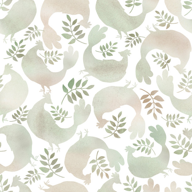 柔和的绿色和米色背景下，带有鸟和树枝的无缝图案。适用于室内设计、服装面料印花、项目设计和包装的水彩插画。图片下载