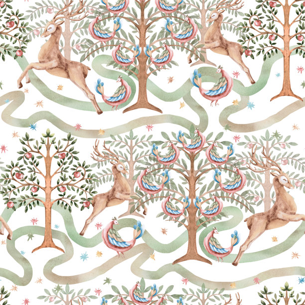 白色背景上，奔跑的鹿、蜿蜒的小路和树木构成的无缝图案。适用于室内设计、服装和面料印花、项目设计和包装的水彩插画。图片下载