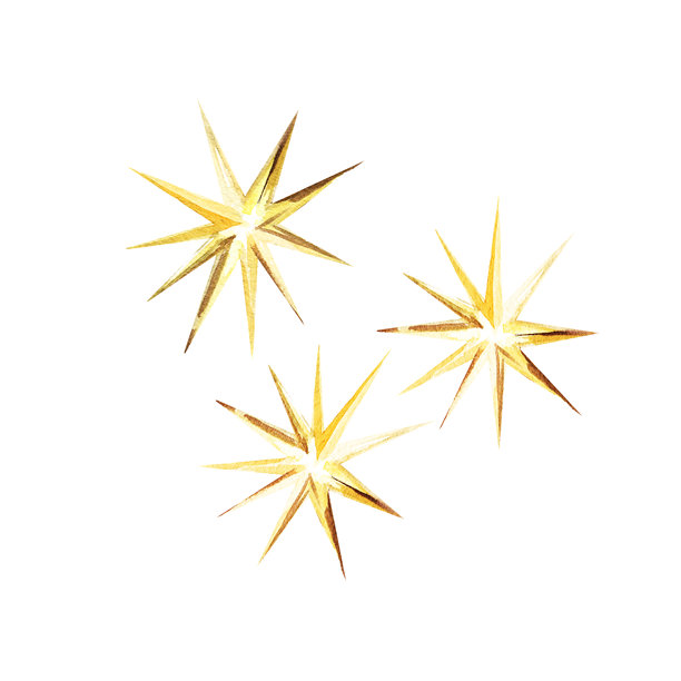 水彩纹理金色星星，闪亮的金色圣诞树挂饰，用于制作花环，闪光亮泽的黄色装饰，适用于年度活动，圣诞装饰插画，用于派对装饰，卡片图片下载