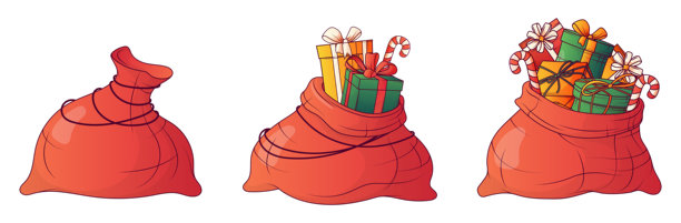 红色圣诞老人礼物插画矢量集，包含圣诞礼物。图片下载