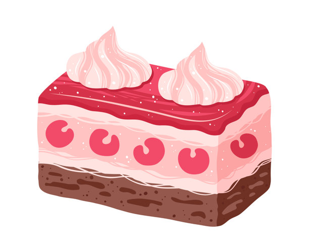 一块蛋糕，带有海绵蛋糕、奶油和樱桃，卡通插画，烘焙派，矢量图图片下载