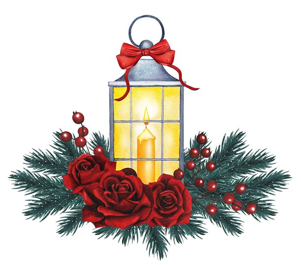 手绘发光灯笼，内有蜡烛、红色蝴蝶结、红玫瑰、云杉枝。水彩插画。图片下载