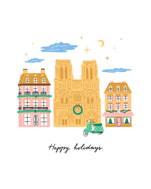 节日快乐矢量插画。巴黎圣诞手绘剪贴画。巴黎圣母院和法式房屋图形图片下载